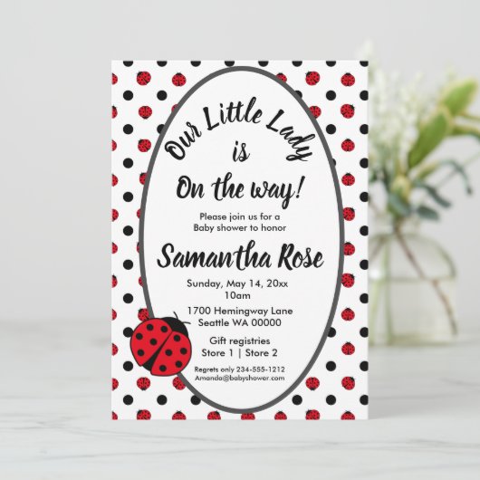 レディバグズ水玉模様の赤ちゃんシャワー招待 招待状 (スタンド正面)