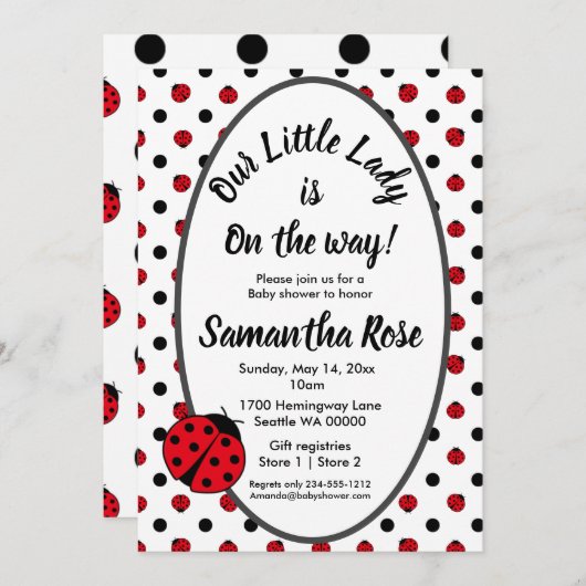レディバグズ水玉模様の赤ちゃんシャワー招待 招待状 (正面/裏面)
