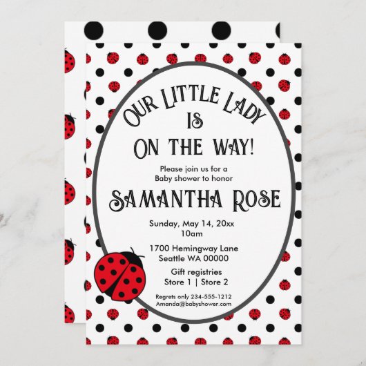 レディバグズ水玉模様の赤ちゃんシャワー招待 招待状 (正面/裏面)