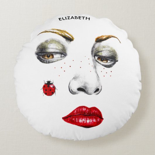 レディバグ付き美女顔スケッチ ラウンドクッション (正面)