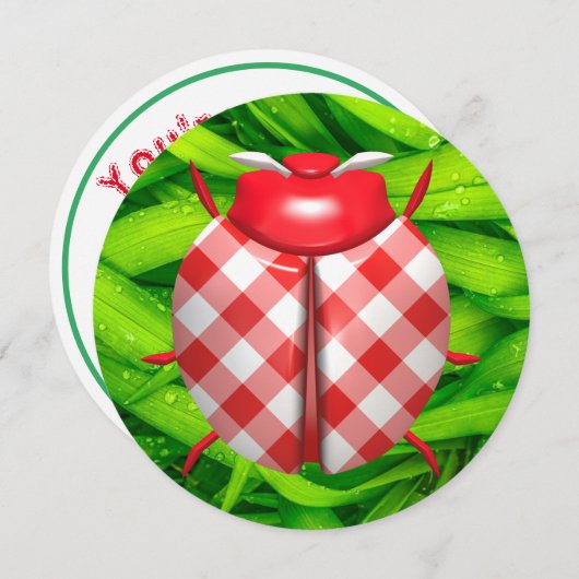 レディバグ草のギンガムチェックかわいい赤い白い緑 招待状 (正面/裏面)