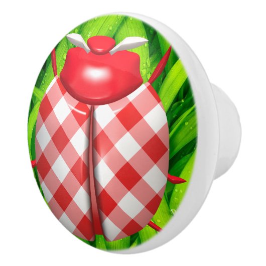 レディバグ草のギンガムチェックかわいい赤い緑の白 セラミックノブ (右)
