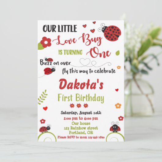 レディバグ1st誕生日の招待ガールラブバグレディ 招待状 (スタンド正面)