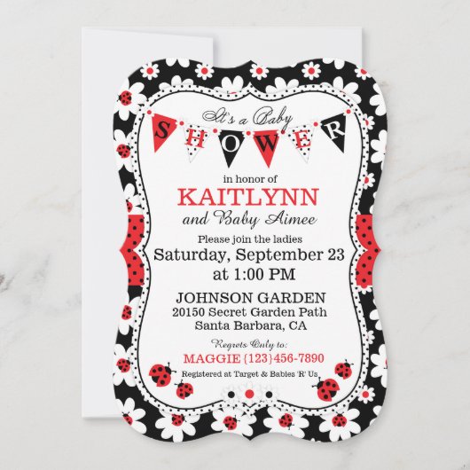 レディバグ&フラワープリントベビーシャワー招待状 招待状 (正面)
