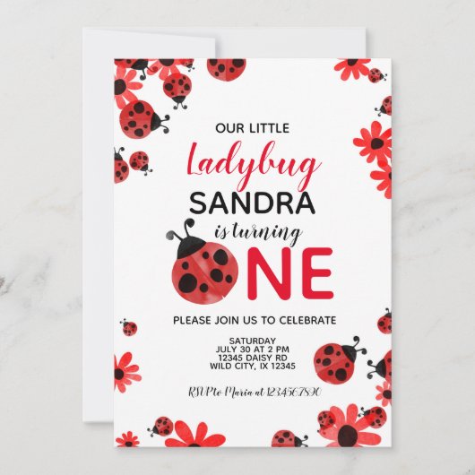 レディバグ 1歳 女の子 誕生日 招待状 (正面)