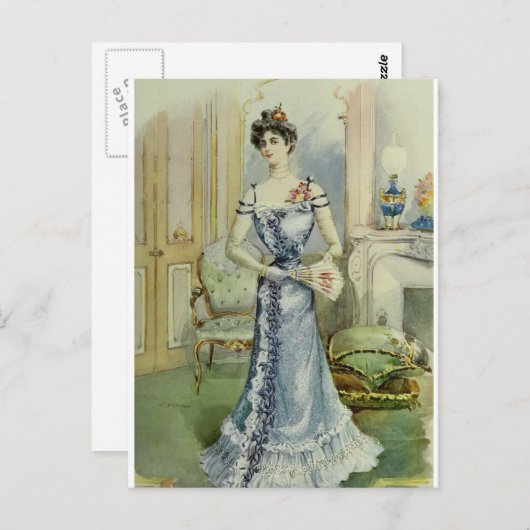 レディビクトリアンヴィンテージフランスのファッション – ブルードレス ポストカード (正面/裏面)