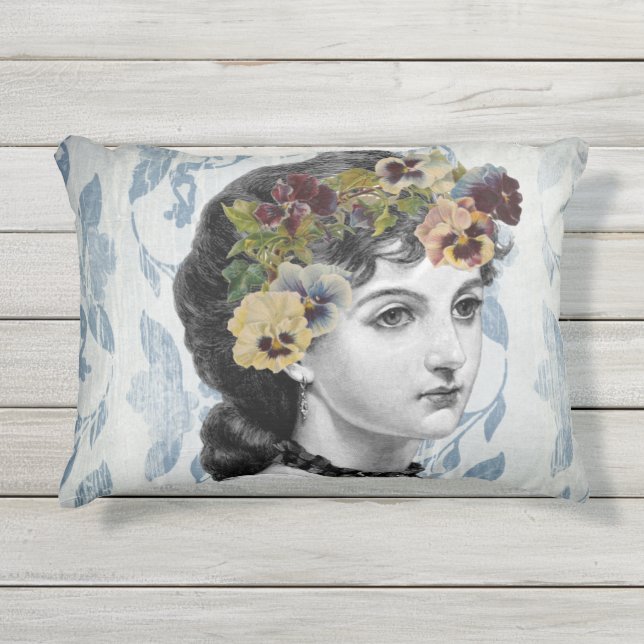 レディビクトリアンー・ウーマン・パンジー・オン・タペストリー アウトドアクッション (正面)
