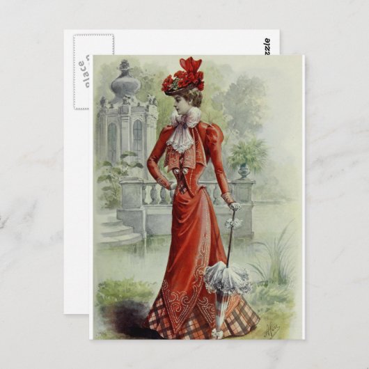 レディビクトリアンー – ヴィンテージフランスのファッション- Red Dres ポストカード (正面/裏面)