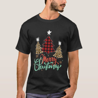 レディムヒョウ格子柄クリスマスツリーメリークリスマス Tシャツ