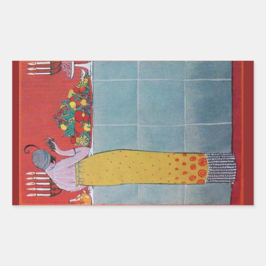 レディーとフルーツのテーブルセット アールデコ ビューティー ファッション 長方形シール (正面)