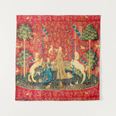 レディーと一角獣獅子，ファンタジーの花，動物 タペストリー (正面(横))