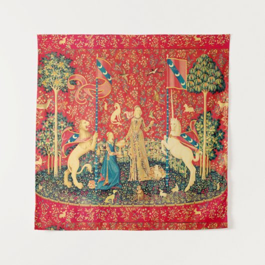 レディーと一角獣獅子，ファンタジーの花，動物 タペストリー (正面(横))