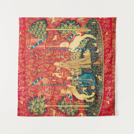 レディーと一角獣獅子，ファンタジーの花，動物 タペストリー (正面)