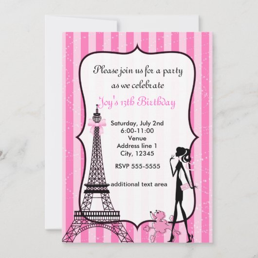 レディーインパリエッフェルタワーピンクプードル招待状 招待状 (正面)