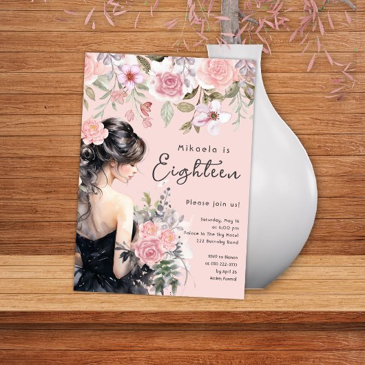 レディーインブラックガウンピンク18誕生日 招待状