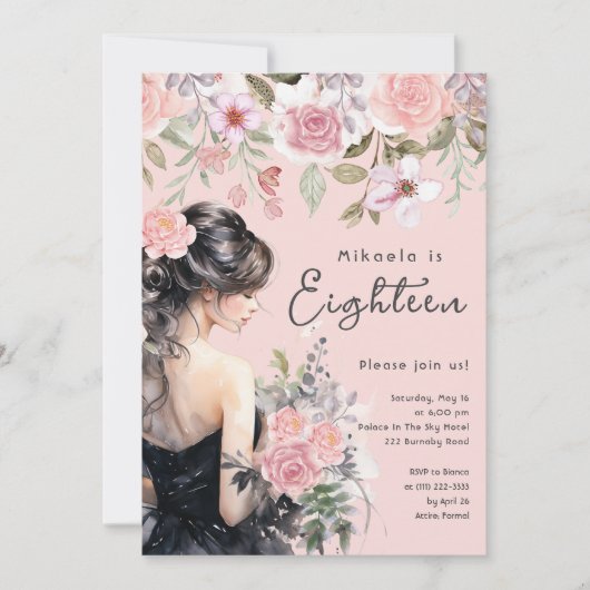 レディーインブラックガウンピンク18誕生日 招待状 (正面)