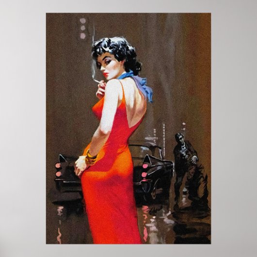 レディーインレッドドレスヴィンテージパルプカバーアート ポスター (正面)