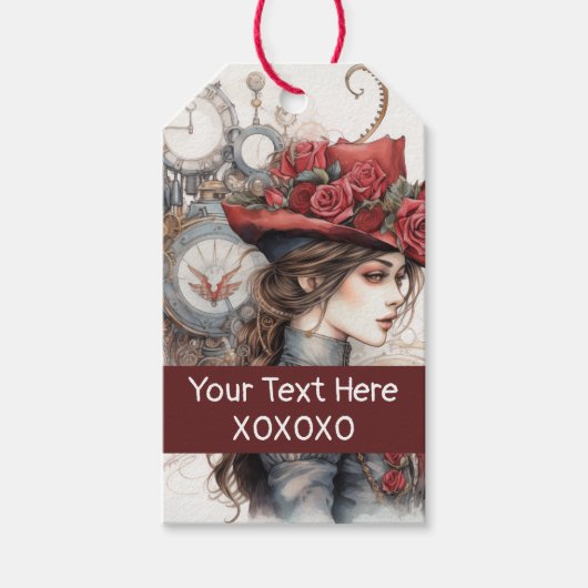 レディーインレッドバレンタインキススチームパンクウォーターカラー ギフトタグ (正面)