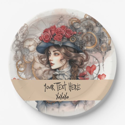 レディーインレッドバレンタインキススチームパンクウォーターカラー ペーパープレート (正面)