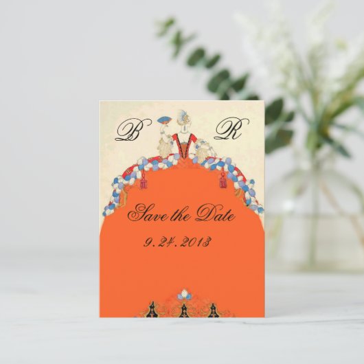 レディーオレンジ/ウェディングパーティー日付モノグラムを保存 案内ポストカード (スタンド正面)