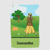 レディーゴルファーがティーオフの準備をする ゴルフタオル (正面)