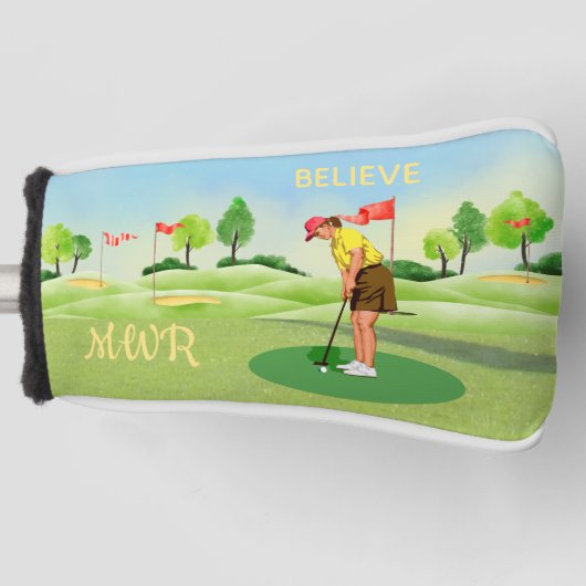 レディーゴルファーはグリーンのパターのモノグラムをグリーンにする ゴルフヘッドカバー (正面)