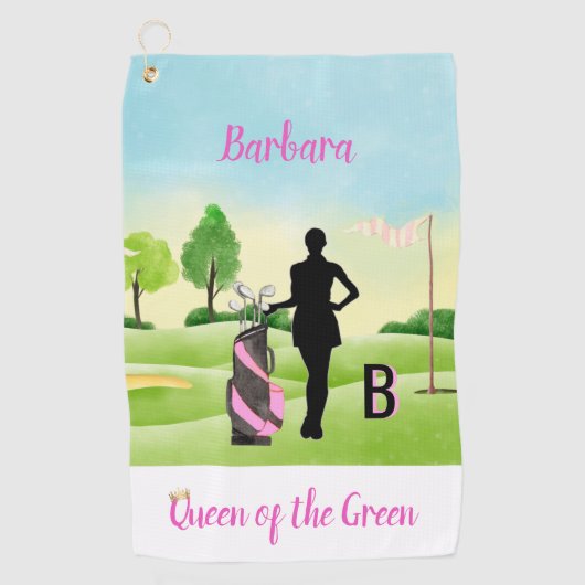 レディーゴルファーゴルフコース名前をカスタムする3-Dモノグラム ゴルフタオル (正面)