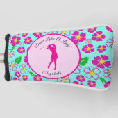 レディーゴルファーピンクアクア名門私立校風の名前をカスタムする ゴルフヘッドカバー (正面)