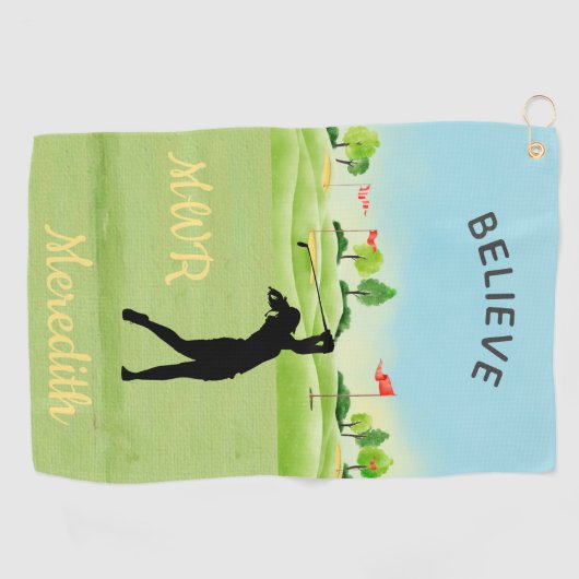 レディーゴルファー風光明媚な緑のモノグラム名を配置 ゴルフタオル (横)