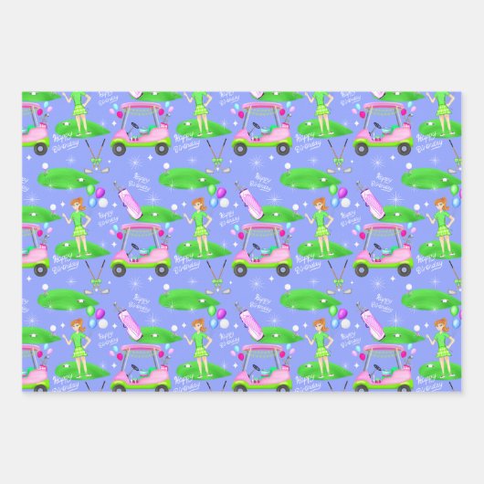 レディーゴルフテーマのハッピーバースデー ラッピングペーパーシート (正面3)