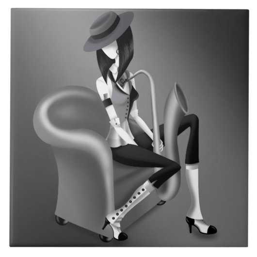 レディーサクソフォニスト – ジャズインスパイア装飾タイル タイル (正面)