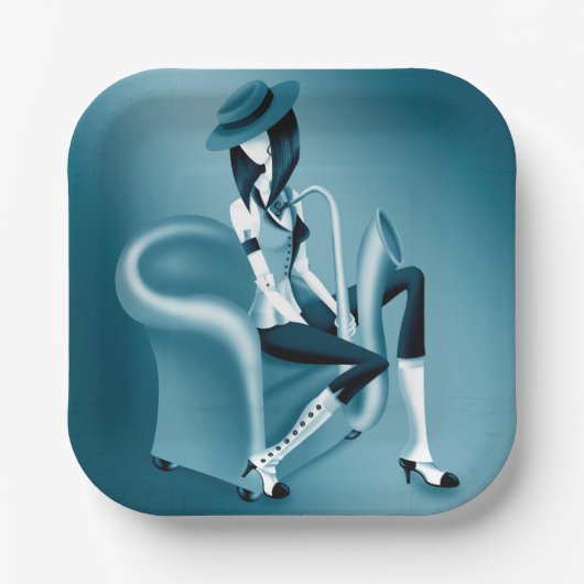 レディーサクソフォニスト – ジャズインスパイア-パーティープレート ペーパープレート (正面)