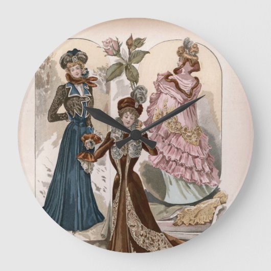 レディースインガウンヴィンテージファッションイラストレーション ラージ壁時計 (正面)
