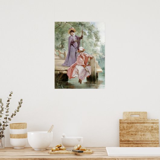 レディースエレガント魚釣りオン波止場自然ヴィンテージ ポスター (キッチン)