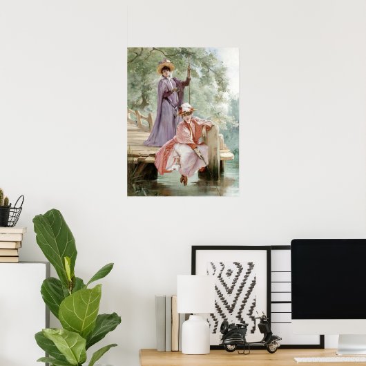 レディースエレガント魚釣りオン波止場自然ヴィンテージ ポスター (ホームオフィス)