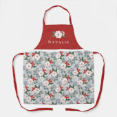 レディースクリスマスフローラルパターン名レッド エプロン (正面)