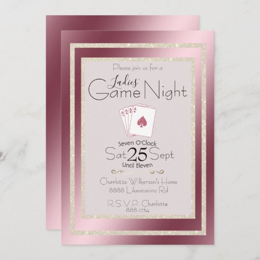 レディースゲームナイト金ゴールドグリッターピンクエース 招待状 (正面/裏面)