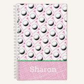 レディースゴルフピンクグリーンホワイトボールティー名 ノートブック (正面)