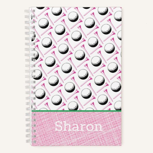 レディースゴルフピンクグリーンホワイトボールティー名 ノートブック (正面)