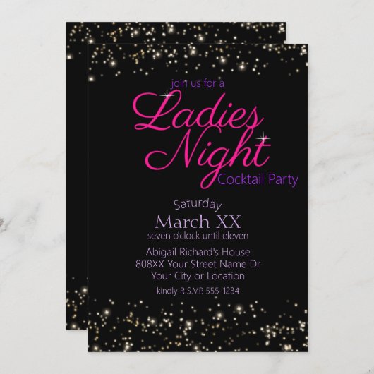 レディースナイトネオンピンクサインカクテルパーティー 招待状 (正面/裏面)
