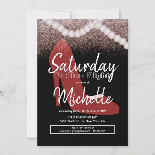 レディースナイトバースデーパーティレッドヒール真珠 招待状 (正面)