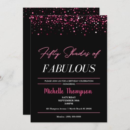 レディースピンクとブラック50と素晴らしい誕生日 招待状 (正面/裏面)