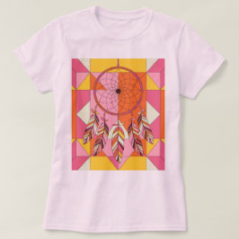 レディースピンクドリームキャッチャー幾何学模様Tシャツ Tシャツ