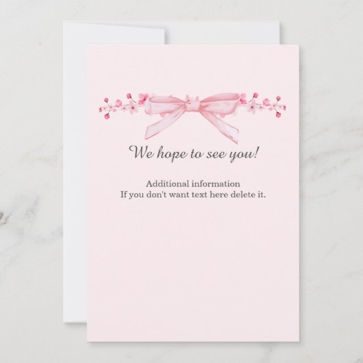 レディースフェアピンクの弓の花縁どパーティー 招待状 (裏面)