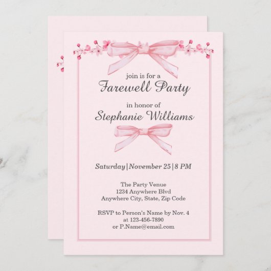 レディースフェアピンクの弓の花縁どパーティー 招待状 (正面/裏面)