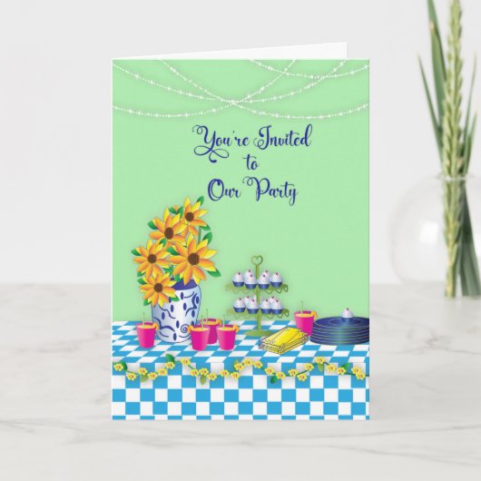 レディースランチョンパーティの招待状ブルーギンガム カード (正面)