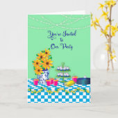 レディースランチョンパーティの招待状ブルーギンガム カード (黄色い花)