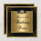 レディース第50誕生会の金ゴールドの黒の花柄 招待状 (正面/裏面)