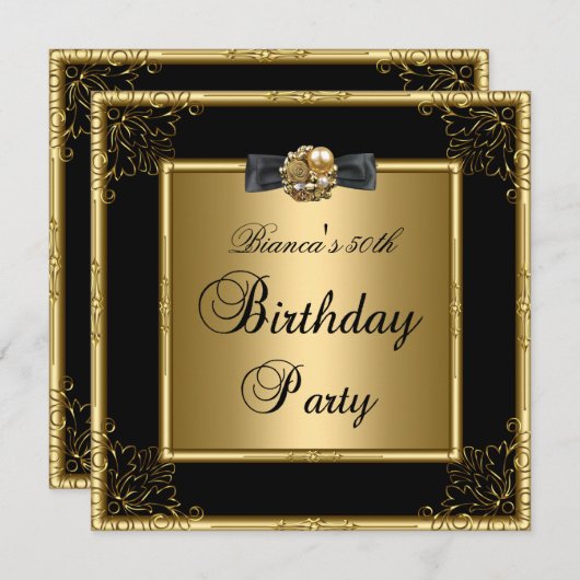 レディース第50誕生会の金ゴールドの黒の花柄 招待状 (正面/裏面)