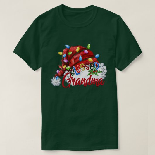 レディース レディース 祝福されたおばあちゃん サンタ ハット  クリスマス ライト Tシャツ (デザイン正面)